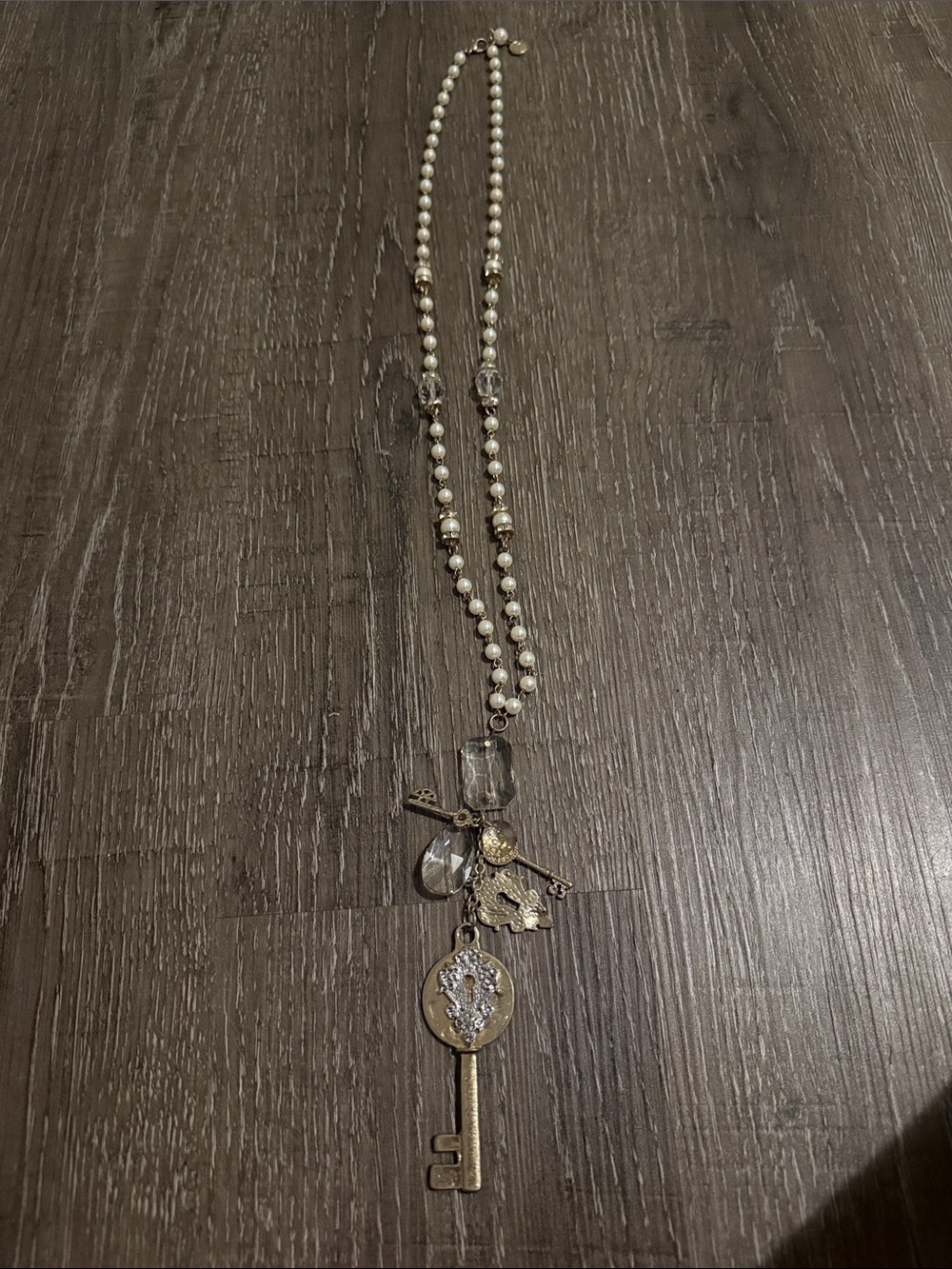 Pearl Bead Key Pendant Necklace in Gold and White